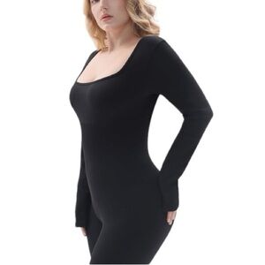 NWT FITTIN Women Long Sleeve Jumpsuits: Ribbed Square Neck Bodycon One Piece